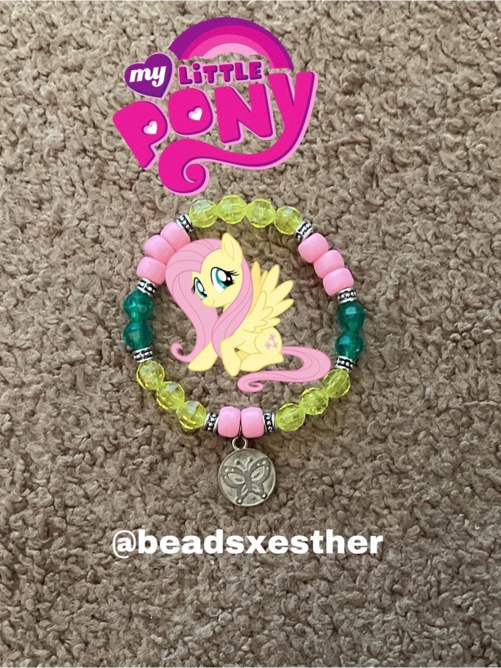 Flutteryshy - Pink Yellow Green Beaded Bracelet with Butterfly Charm